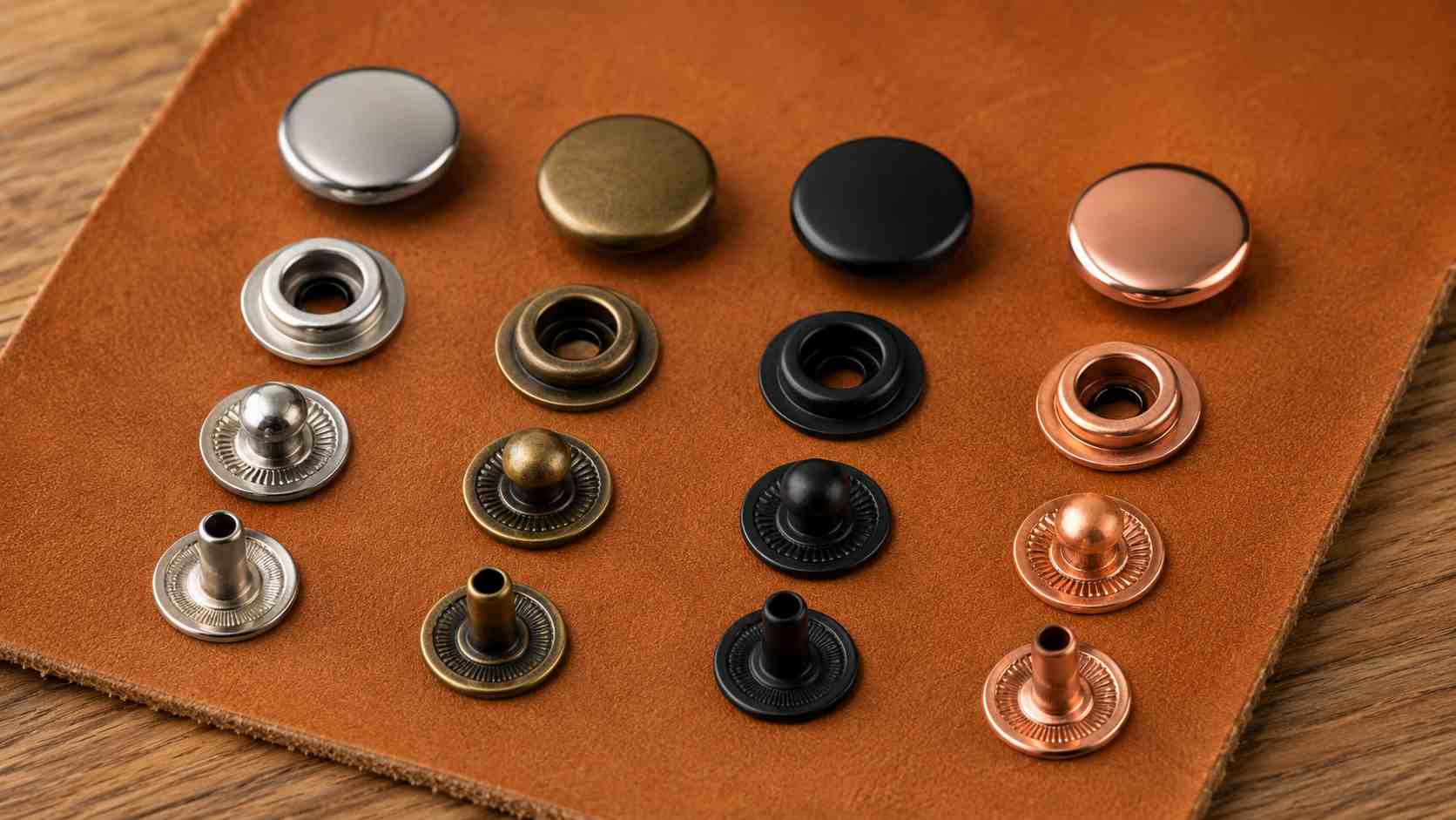 snaps hardware, This snaps hardware display shows complete metal snap components in silver, brass, black, and copper finishes arranged on brown leather.